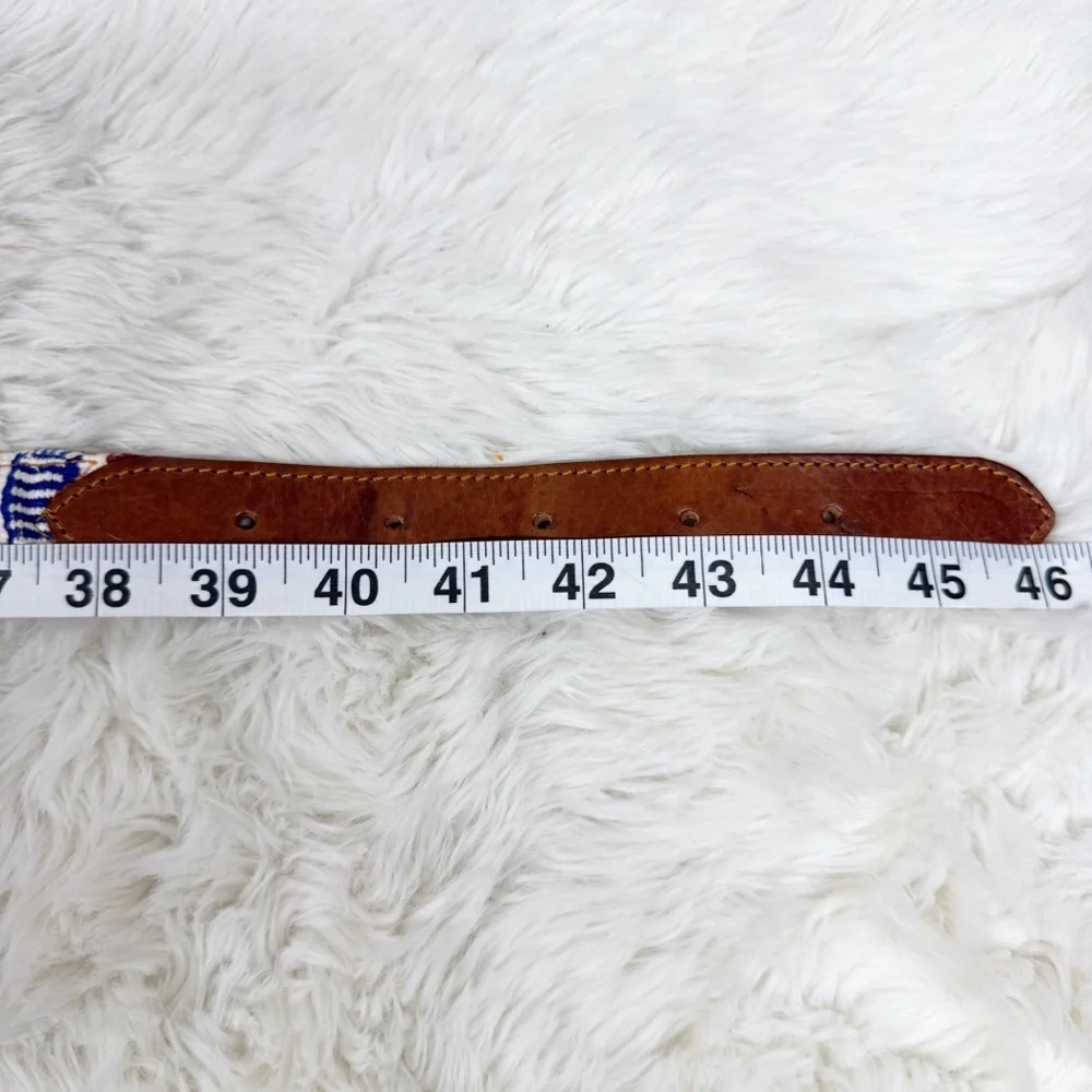 VINTAGE Leather Woven Rainbow‎ Textile Belt Size 42 Large XL Artsy Boho Womens